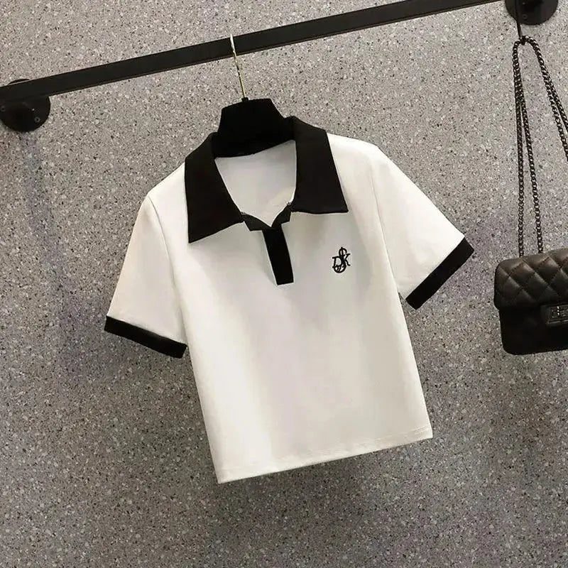 Women's Polo Neck Tee Shirts Dry Fir Top High Quality Pullover Short Sleeve T Shirt Wholesale Aesthetic Y2k Fashion Skinny White.