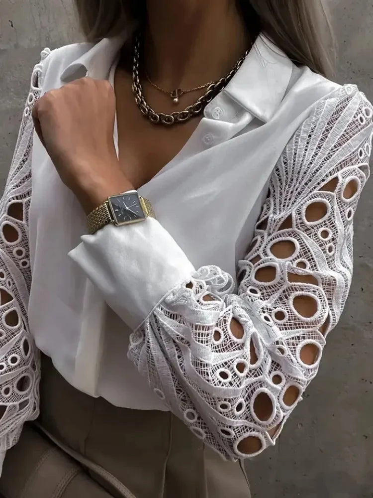 White Sexy Lace Hollow out Women Blouse Autumn Spring Black Top Vintage Button Up Shirts Long Sleeve Tops.