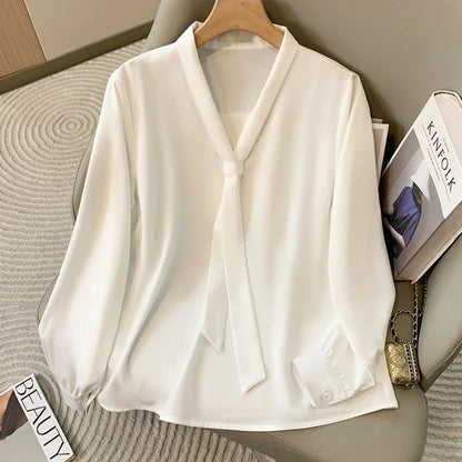 Loose Long Sleeve V-Neck Work Shirt for Women Plus Size Women's Blouses Fashion Versatile Autumn Bow Tops Trendy Business Shirts.