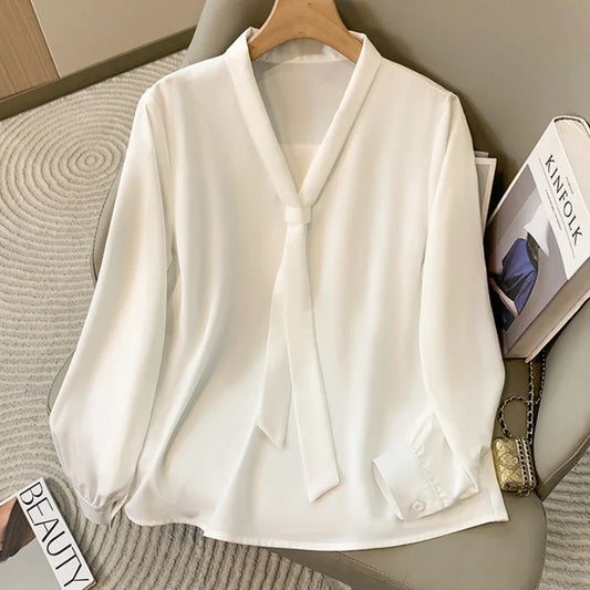 Loose Long Sleeve V-Neck Work Shirt for Women Plus Size Women's Blouses Fashion Versatile Autumn Bow Tops Trendy Business Shirts.