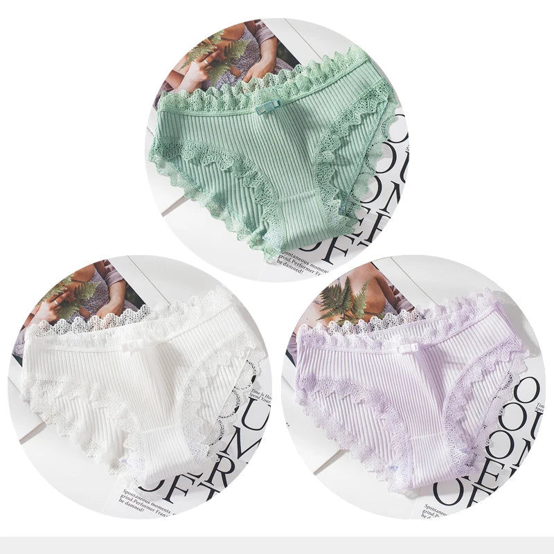 Cotton Panties Woman Sexy Lace Briefs Fashion Solid Color knickers Girls Bow Underpants Set Underwear 3 Pcs/lot.