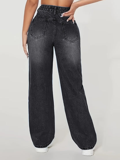 Loose Fit Elastic Fashionable Wide Leg Jeans, Blue Distressed Loose Wide Leg Jeans.