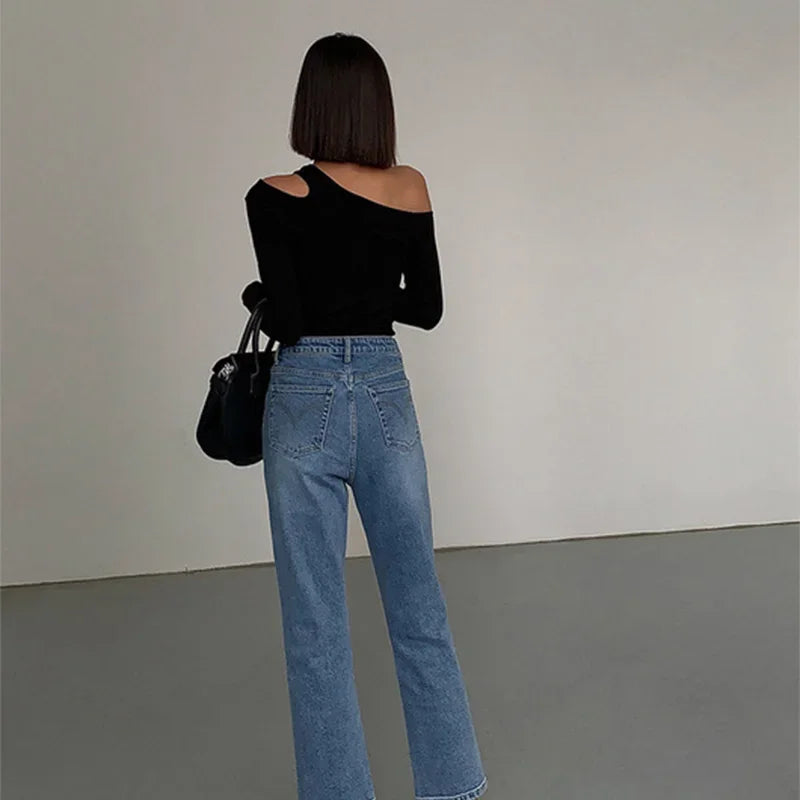 Fashion Skew Collar Off-shoulder Long-sleeved T-shirts Women Spring New Solid Slim Fit Crop Top Sexy Hollow Out Tees Shirts.