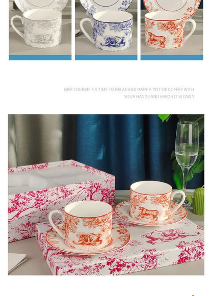 Red, Blue, Gray Tiger Series  Animal Images Bone Porcelain Coffee Cup Plate European Afternoon Tea Cup and Saucer Set Gift Box.