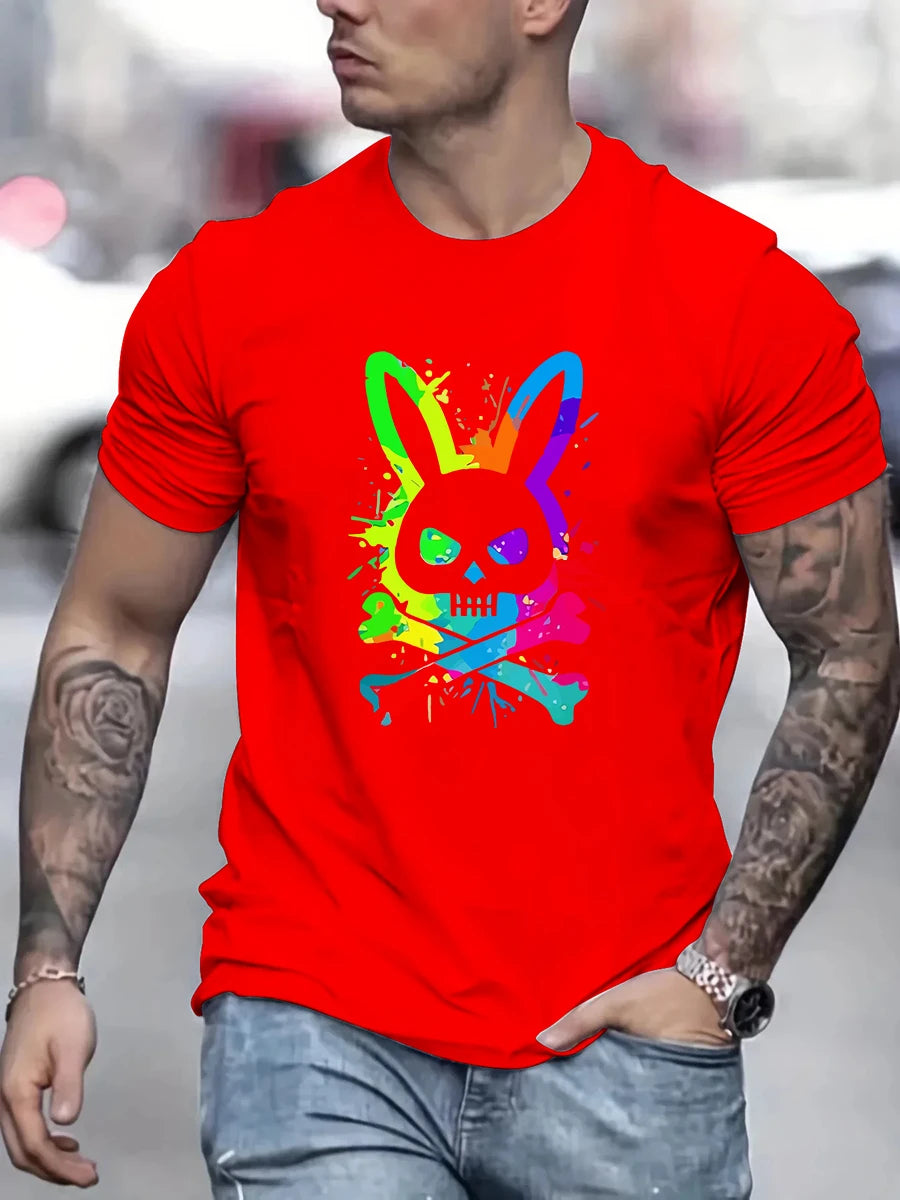 Men's summer 100% pure cotton fashionable casual loose color skull and rabbit print sports round neck short sleeved T-shirt top.