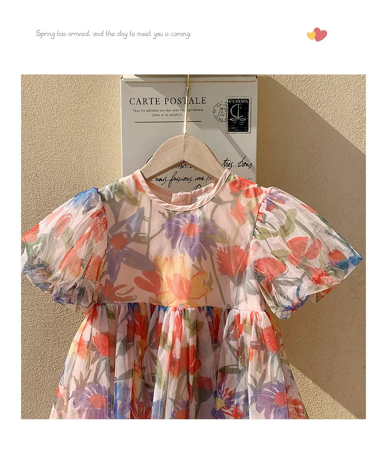 2023 sommer Kinder Kleidung Puff Sleeve Blumen Druck Kleid Für Mädchen Mesh Kinder Kleid für Mädchen.