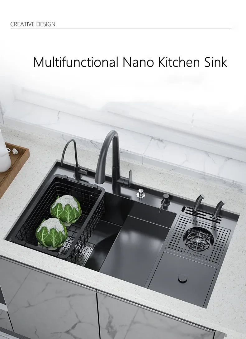 Nano Kitchen Sink Multi-Function Stepped Kitchen Sink 304 Stainless Steel Vegetable Washing Basin With High Pressure Cup Washer
