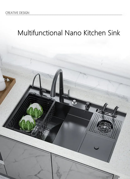 Nano Kitchen Sink Multi-Function Stepped Kitchen Sink 304 Stainless Steel Vegetable Washing Basin With High Pressure Cup Washer