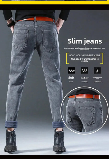 Winter Hot Sale Of The Season Trendy Stretchy Fleece Lined Thick Denim Mid Waist Fashionable Casual Warm Long Pants Men's Jeans.