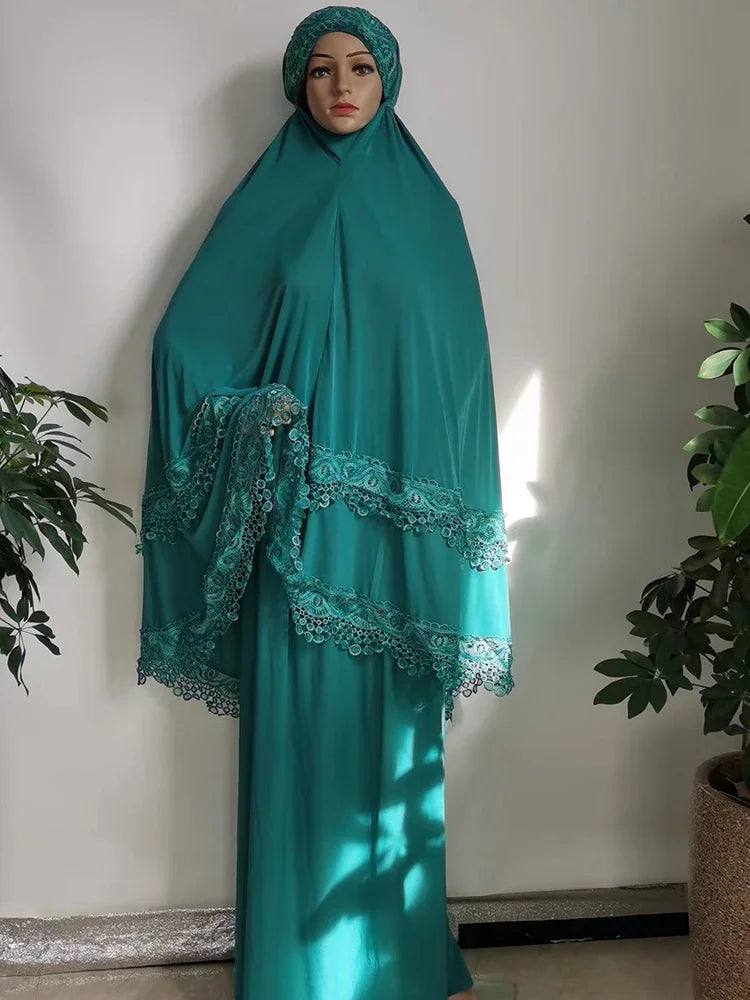 Ramadan  Long Khimar Muslim Abaya Women Prayer Garment Saudi Prayer Dress Lace Trim Silky 2 Piece Skirt Sets Eid Niqab jilbab.