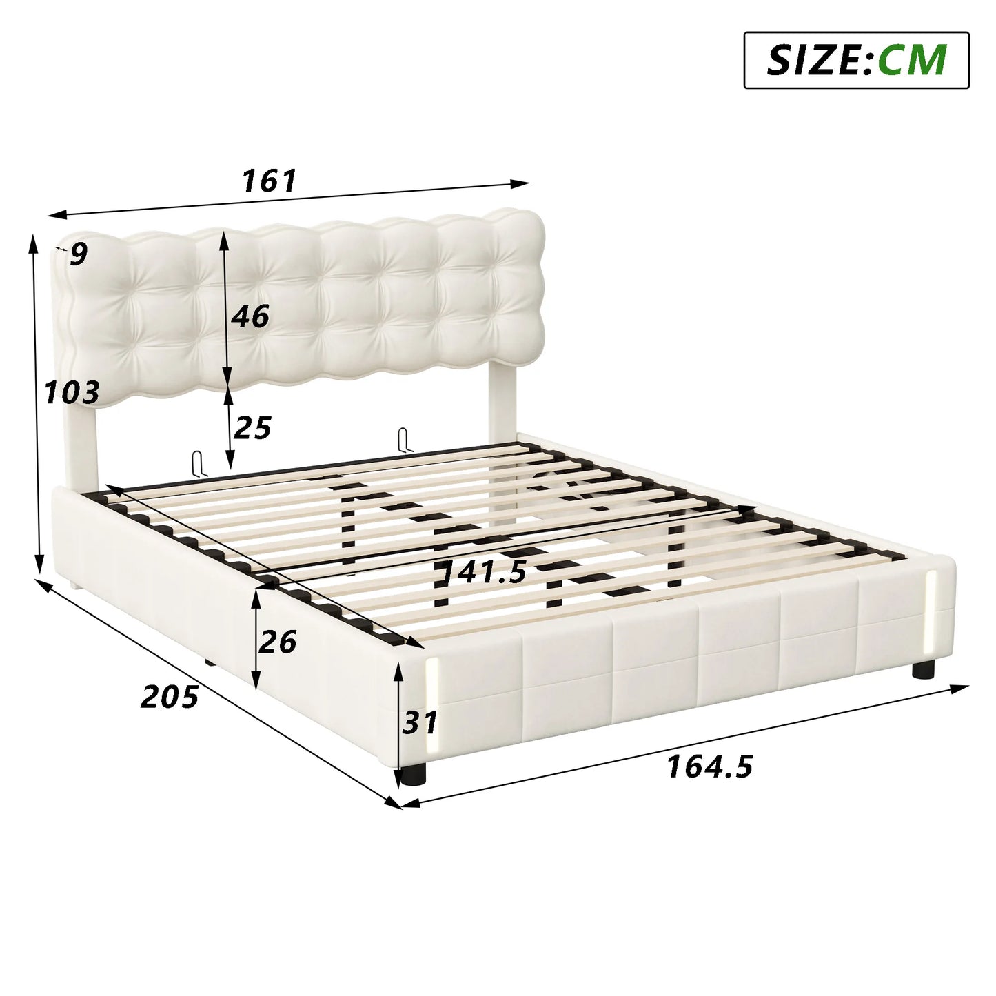 Rosahqnda Polsterbett 160 x 200 cm, Doppelbett mit LED, hydraulisches Stauraumbett, geeignet für Schlafzimmer, Mädchen, Erwachsene, Beige, Samt