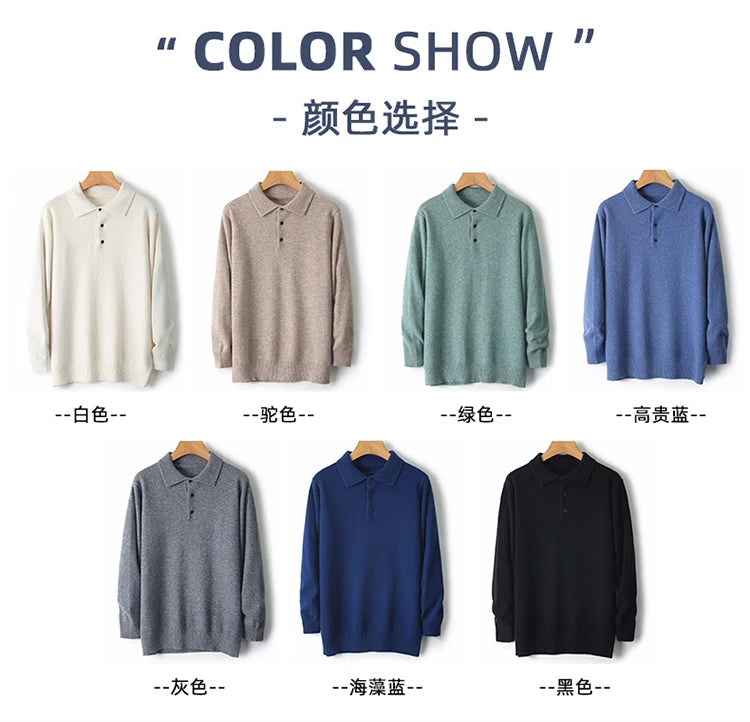 LHZSYY 100%Merino Wool Hot Cardigans Men Lapel Pullover Long Sleeve POLO Neck Sweaters Loose Tops Knit Clothing Large Size Shirt.