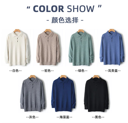LHZSYY 100%Merino Wool Hot Cardigans Men Lapel Pullover Long Sleeve POLO Neck Sweaters Loose Tops Knit Clothing Large Size Shirt.