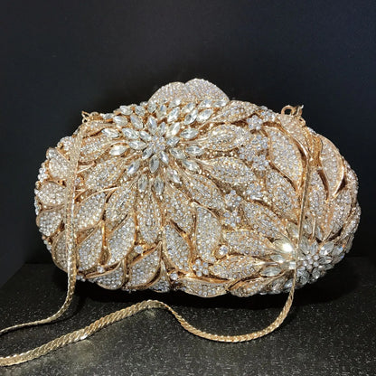 Gold Metal Leaves White Crystals Evening Clutch Bags Luxury Women Wedding Party Purse Ball Handbags Rhinestone Mini heart bag.