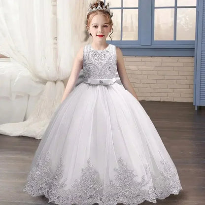 Gesticktes Mesh-Hochzeitskleid, Blumenmädchen-Performance-Mädchenkleid, 4–12 Jahre altes Mädchen-Prinzessinnenkleid mit großer Schleife