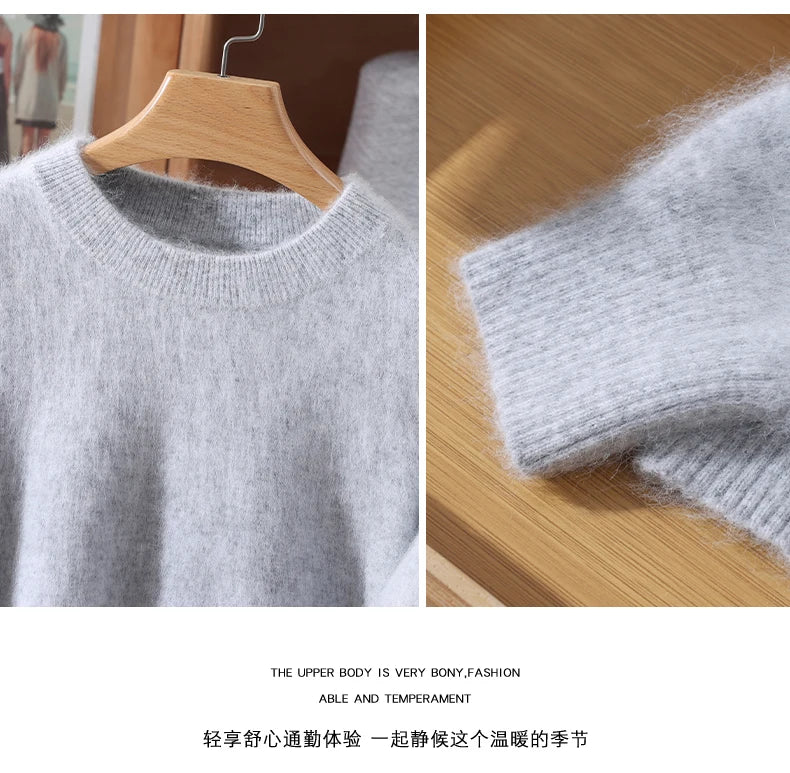 Women's Round-neck Mink Cashmere Sweater Soft Pullover Jumper Comfortable Knitted Top for Autumn Winter Pure Mink Material.