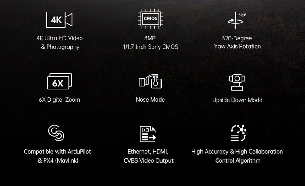 SIYI A8 mini 4K Gimbal Camara 8MP Ultra HD 6X Digital Zoom Gimbal Camera with 1/1.7" Sony Sensor 95g Lightweight 55x55x70mm.