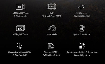 SIYI A8 mini 4K Gimbal Camara 8MP Ultra HD 6X Digital Zoom Gimbal Camera with 1/1.7" Sony Sensor 95g Lightweight 55x55x70mm.