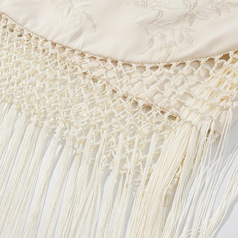 MUJER Embroidery Lace Long Skirt Woman High Waist Midi Skirts for Women Summer Beach Skirt Woman Tassel Women's Skirts Cylinder.