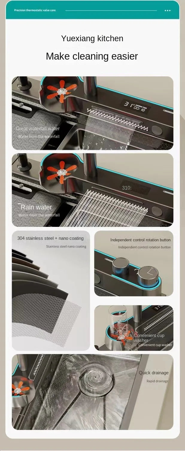 Digitalanzeige, Wasserfall, Einzelschlitz, Nano-Spüle aus Edelstahl 304, Geschirrspülen, Küche, multifunktionales Gemüsewaschbecken