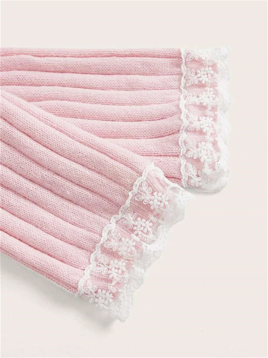 Grunge Frauen Schulterfrei Strickpullover Rosa Pullover Süße Pullover Langarm Schleife Spitze Patchwork Pullover Y2k Streetwear.