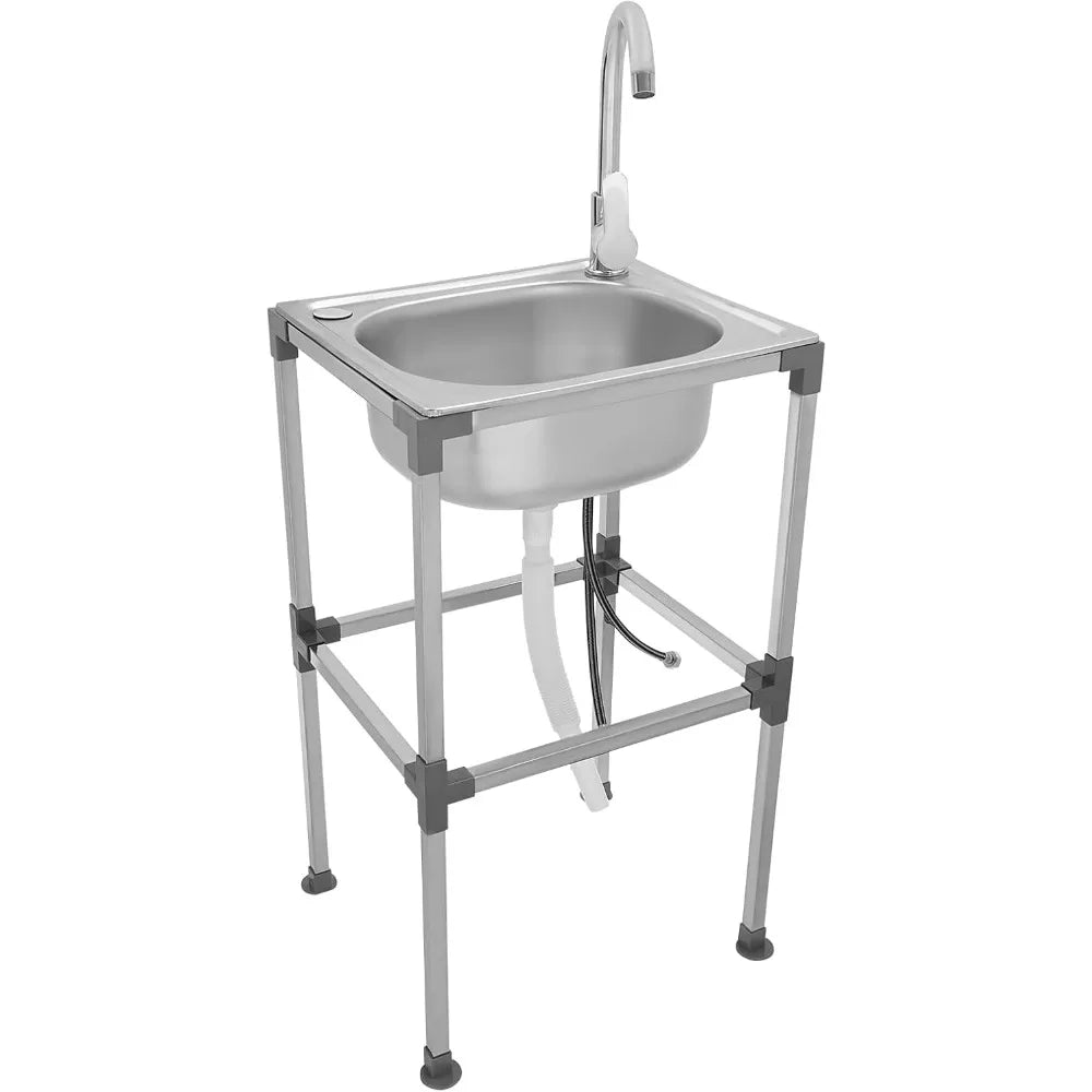 Küchenspüle, kommerzielles Waschbecken aus Edelstahl mit Warm-/Kaltwasserhahn und Wasserrohren, Küchenspüle für Zuhause, Restaurant, 42 x 37 x 75 cm