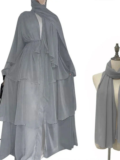 Summer Open Chiffon Khimar Kimono Abaya Dubai Luxury 2024 Muslim Sets Modest Kaftan Hijab Dresses For Women Islam Kebaya Damen.