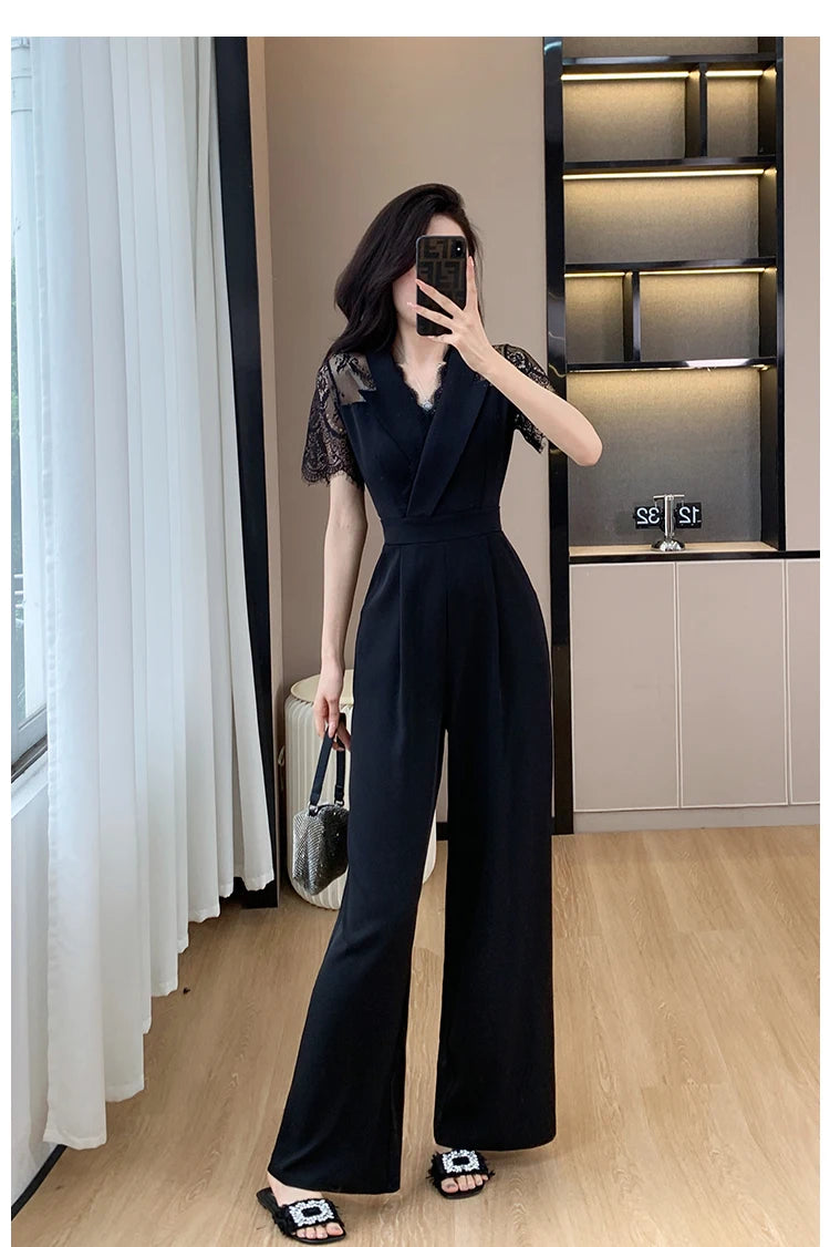 V-neck Solid Office Jumpsuit Women Elegant High Waist Wide Leg Pants Overall 2025 Fashion Slim Hollow Solid Color Romper