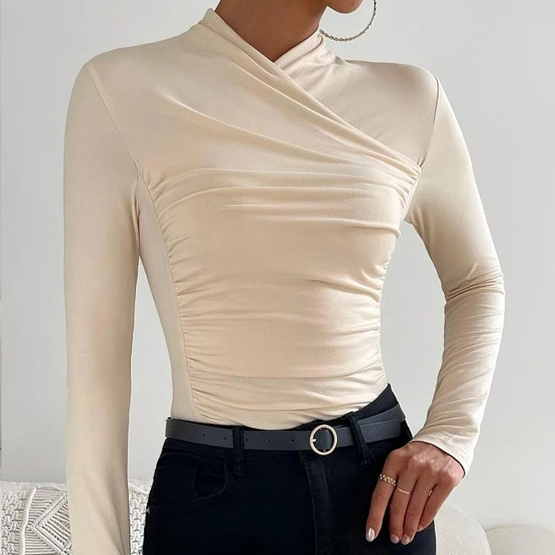 Sexy Elegant Fall Winter Long Sleeve Cross Pleated Pullover Women's Modal Solid Color Irregular Tops Street Daily Versatile Tees.