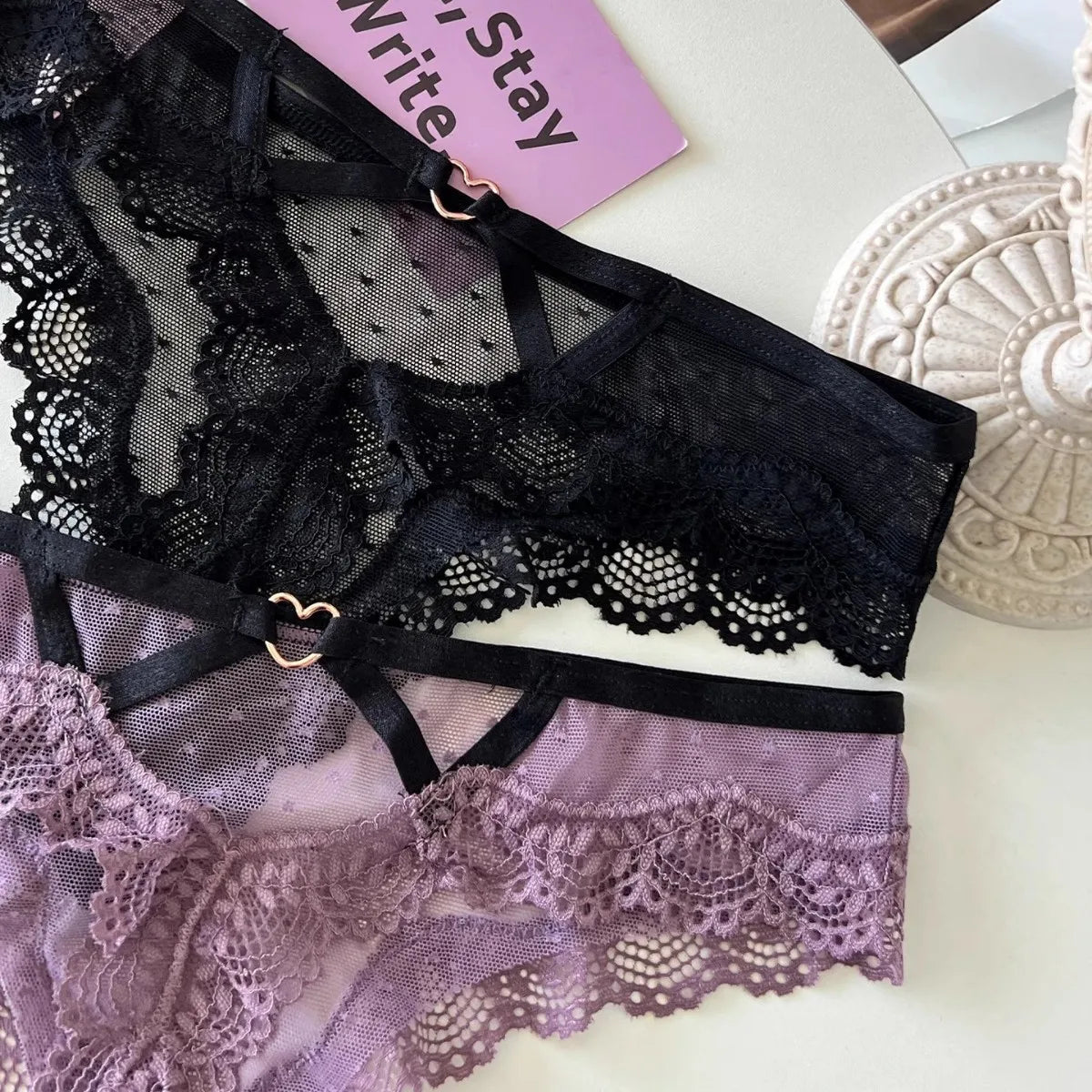 SP&CITY Thin Lace Embroidery Sexy Thongs Love Metal Transparent Women's Underwear Soft Cotton Crotch Hollow Out Panties Tanga.