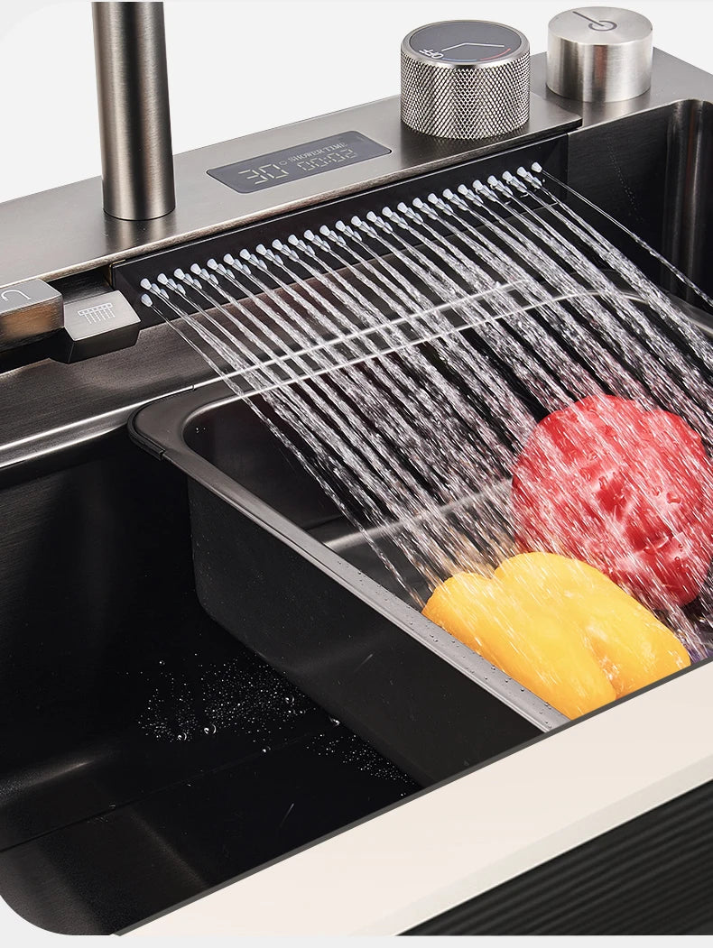 YCRAYS Digital Display Nano Kitchen Sink Large Single Bowl SUS304 Waterfall Faucet Cup Washer Purified Tap Soap Dispenser