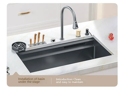 Wasserfall-Küchenspüle aus Edelstahl, extra groß, mit einem Schlitz, multifunktionale Geschirrspülbecken, Unterbaubecken, Tassenwascher