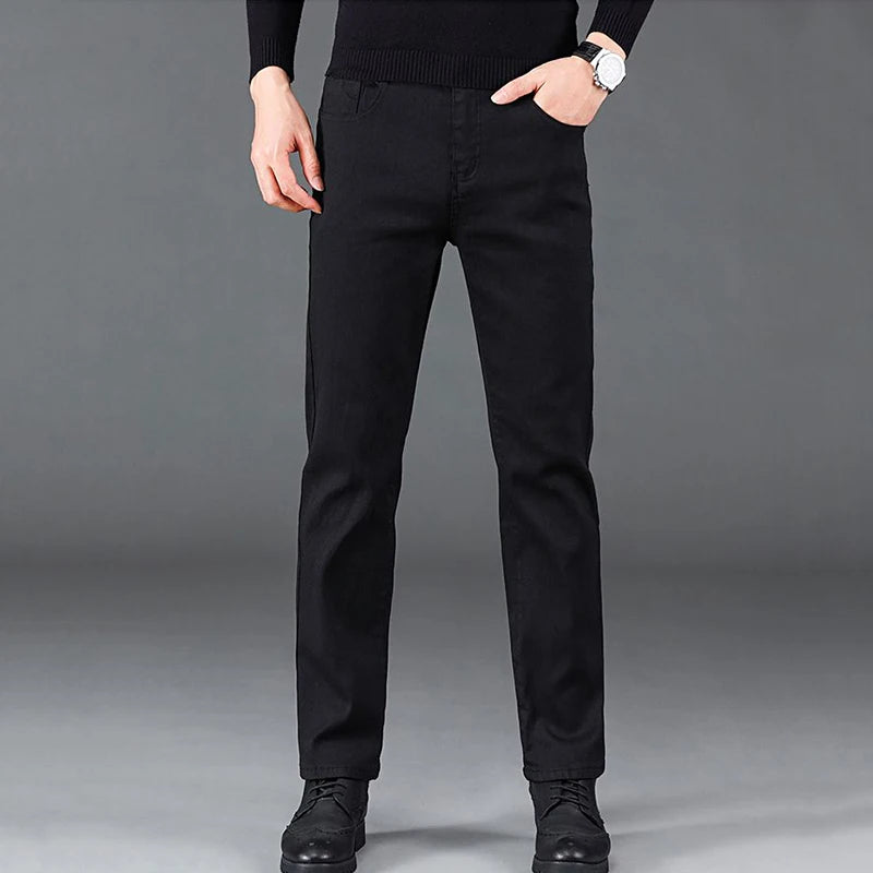 Men Business Denim Pants Male Classic Casual Straight Leg Slim Fit Trousers Elastic Solid Smoke Gray Pants.