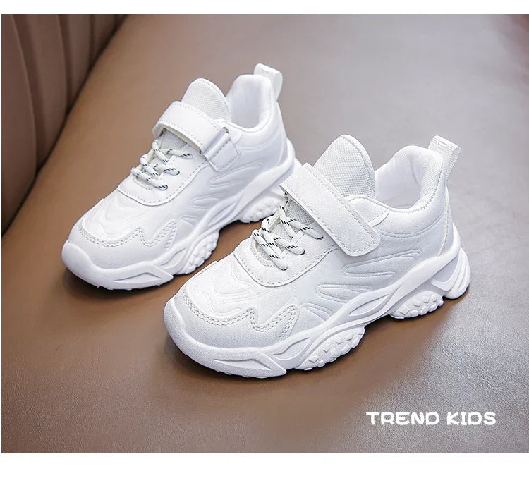 Children White Running Shoes Kids Fashion Sneakers PU Soft Breatheable Comfortable Boys Girls School Sports Shoes Size 26-37.