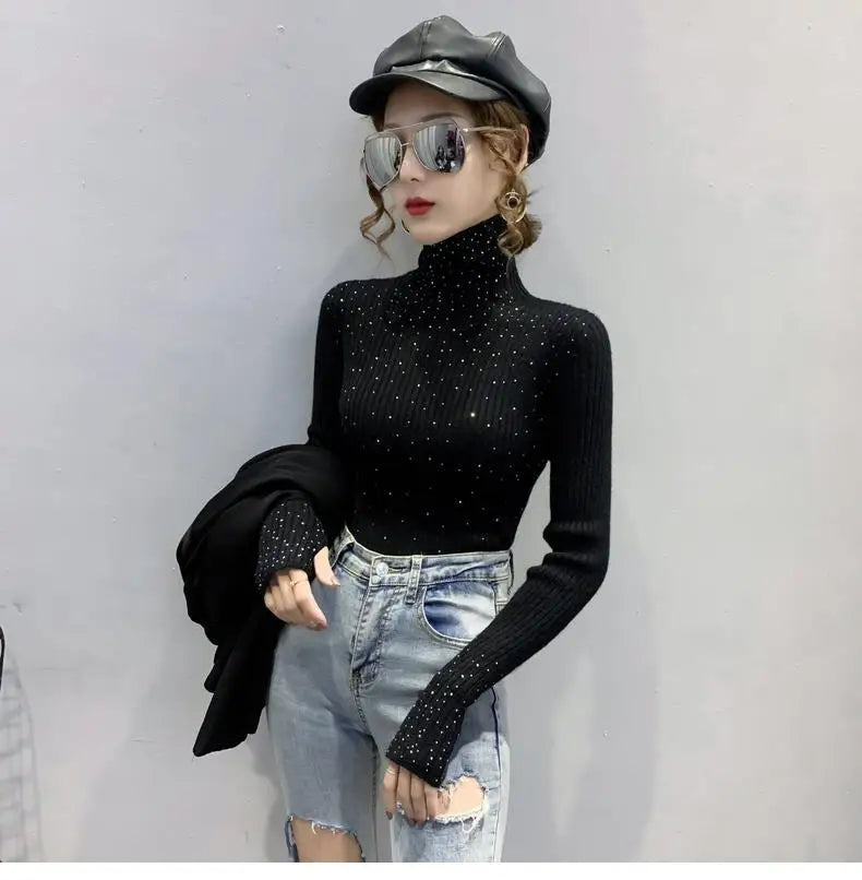 Women Clothing Fashion Elegant Turtleneck Pullover Autumn Winter Solid Slim Long Sleeve Sweater Office Lady Casual Dignified Top