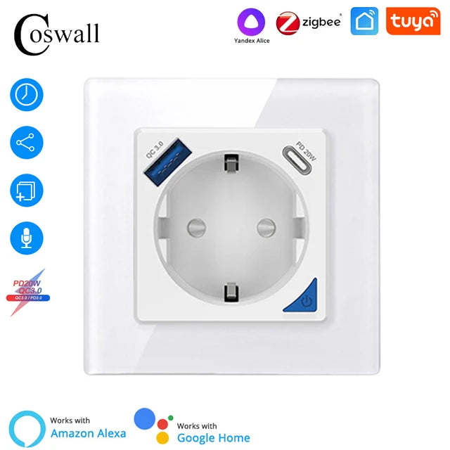 Alice Zigbee Tuya Smart EU-Wandsteckdose mit PD 20 W Typ C und einem Dual-USB-Schnellladegerät mit Power-Überwachungs-Glasplattenpanel