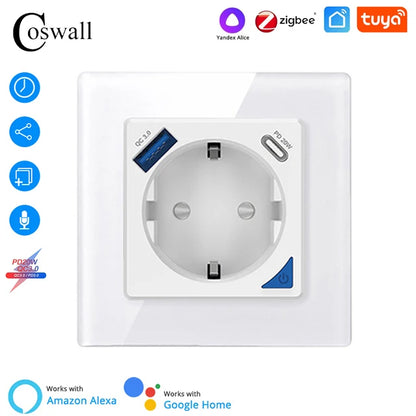 Alice Zigbee Tuya Smart EU-Wandsteckdose mit PD 20 W Typ C und einem Dual-USB-Schnellladegerät mit Power-Überwachungs-Glasplattenpanel