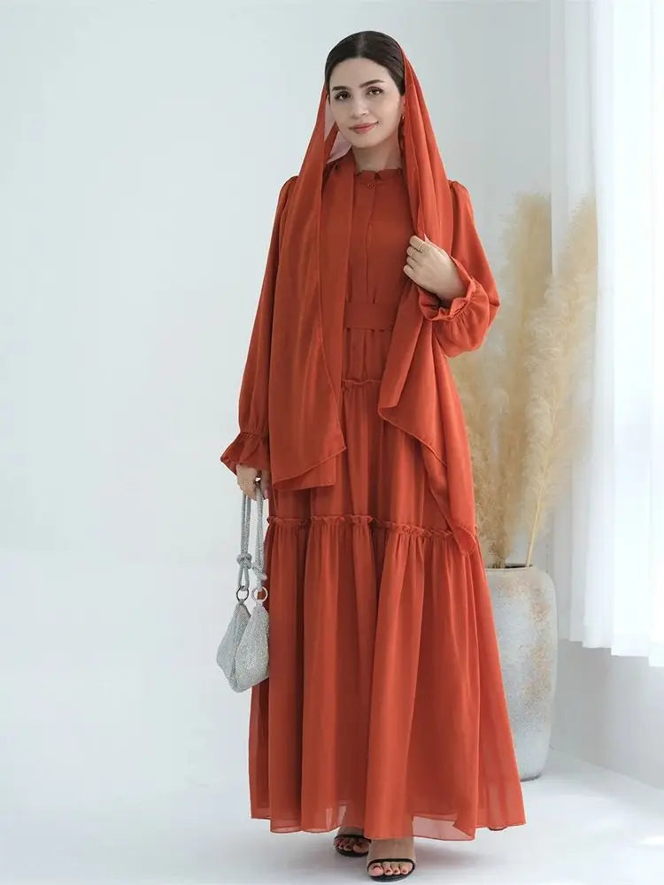 Ramadan Eid Chiffon Muslim Modest Khimar Abaya Set Dubai Turkey Islam Dress Abayas For Women Kebaya Kaftan Robe Femme Musulmane.