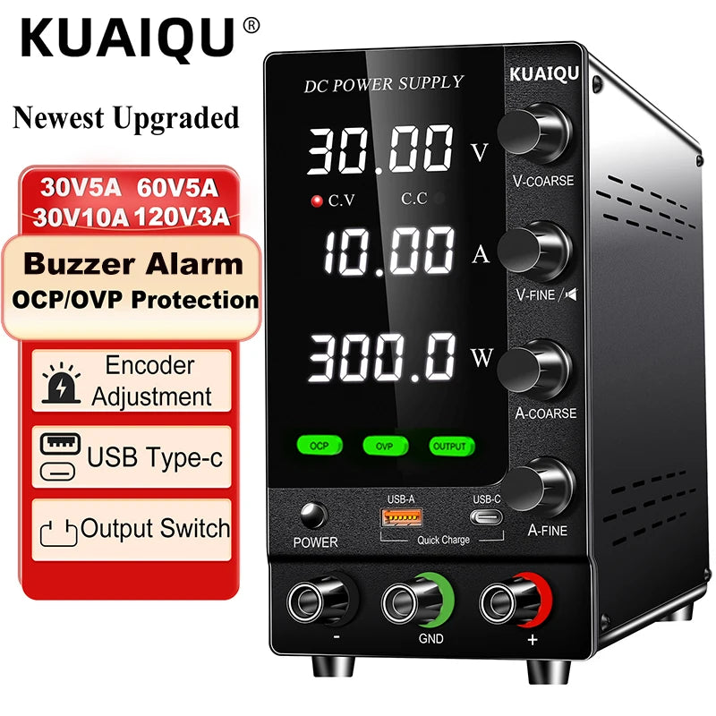 KUAIQU Upgrade Variable Adjustable Switching DC Power Supply 30V 10A Bench Power Supply 60V 5A,OCP OVP OUTPUT Switch, SPS-C3010S.