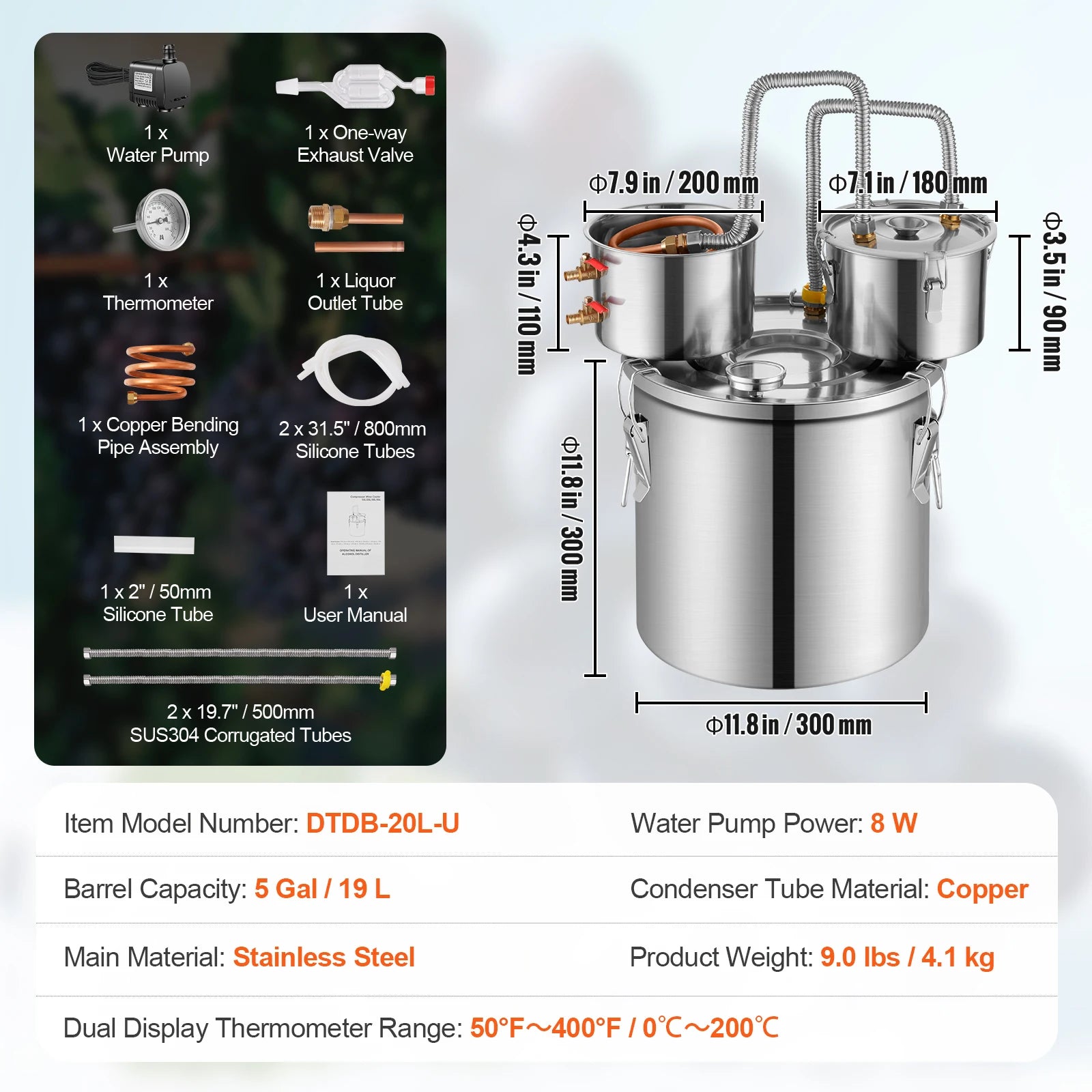 SucceBuy Alcohol Still Stainless Steel Water Alcohol Distiller Fast Cooling Dual Condenser Distiller Kit for Wine Whisky Brandy.