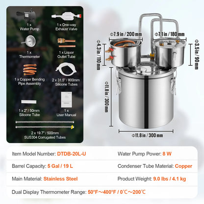SucceBuy Alcohol Still Stainless Steel Water Alcohol Distiller Fast Cooling Dual Condenser Distiller Kit for Wine Whisky Brandy.