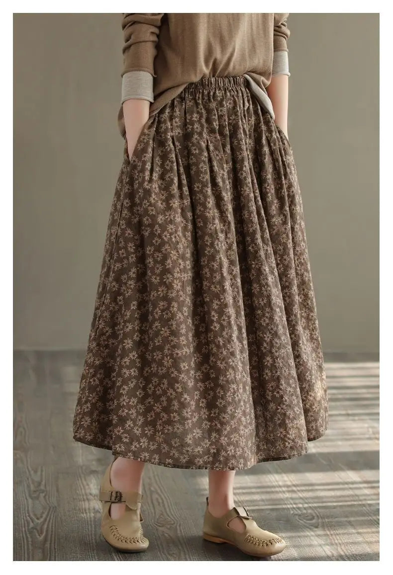 Women Casual Skirts New Arrival 2023 Autumn Vintage Style Floral Print Loose Comfortable Ladies Elegant A-line Long Skirt D536.