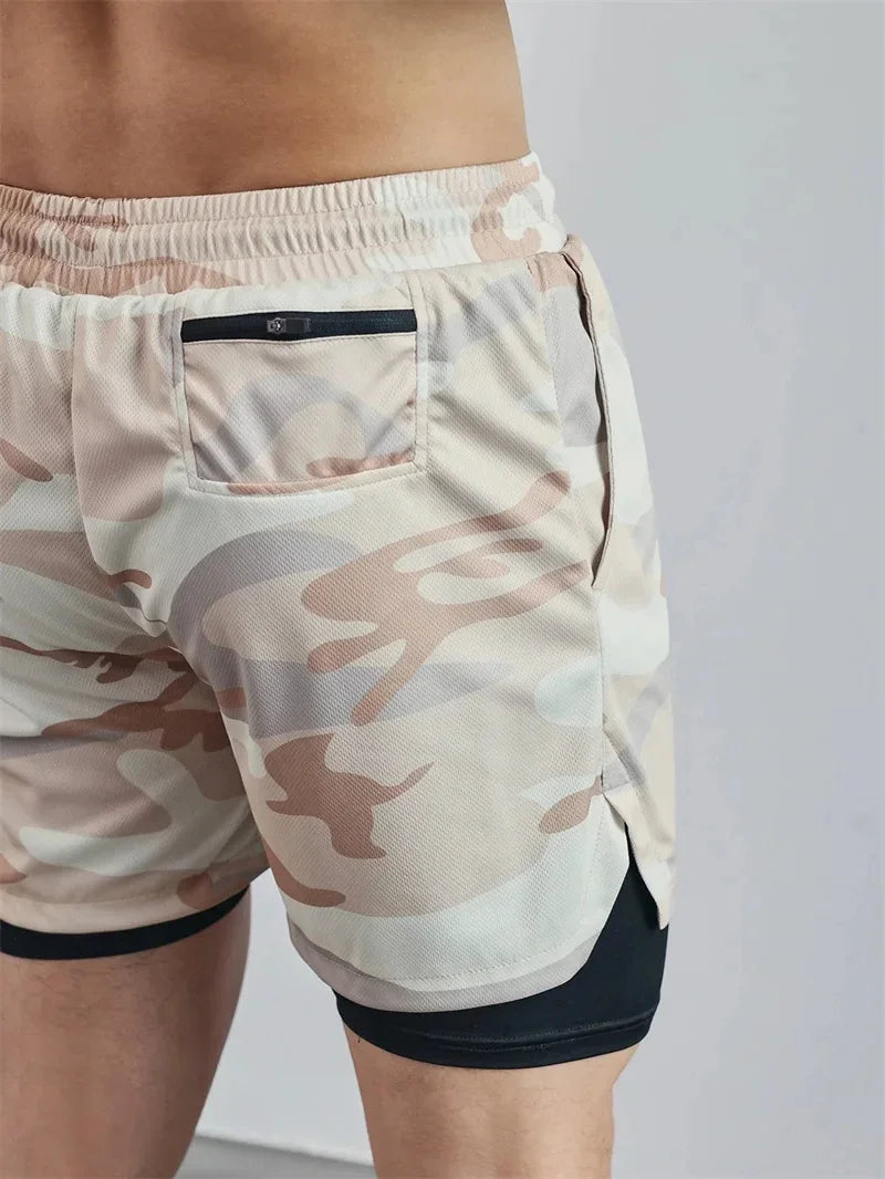 NEW Men's Multiple pockets Fitness Shorts Casual Sports Loose Breathable double-decker Shorts men Mesh Camouflage Running Shorts.