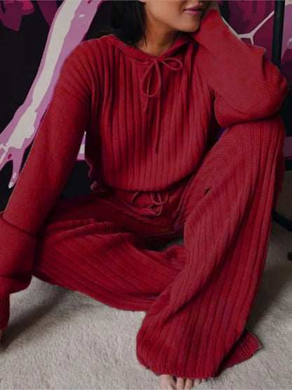 Autumn New Knitted Cotton Sliver Hooded Women's Long Pants Suit Casual Fashion Drawstring Lace Up Pants Female 2 Piece Set 2025