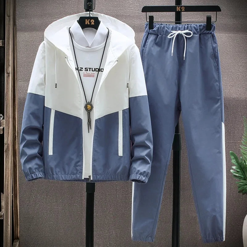 New Men's Sportswear Set Casual Loose Fit Sweatpants with Drawstring Two-Piece Korean Style Autumn Collection.