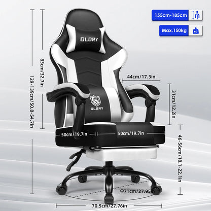 Daccormax Ergonomischer Gaming-Stuhl mit verstellbarer Lordosenstütze und Kopfstütze, Design mit hoher Rückenlehne + faltbarer Fußstütze für PC-Gamer