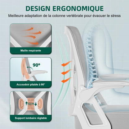 AUTHMIC Ergonomischer Netz-Bürostuhl mit Lordosenstütze, hochklappbaren Armlehnen, verstellbarer und höhenverstellbar für den Schreibtisch zu Hause – Grau