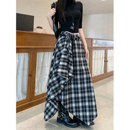 MEXZT Vintage Plaid Woolen Midi Skirt Women Y2K Harajuku Belt Asymmetrical Skirts Winter Gyaru Grunge Korean Design Faldas New.