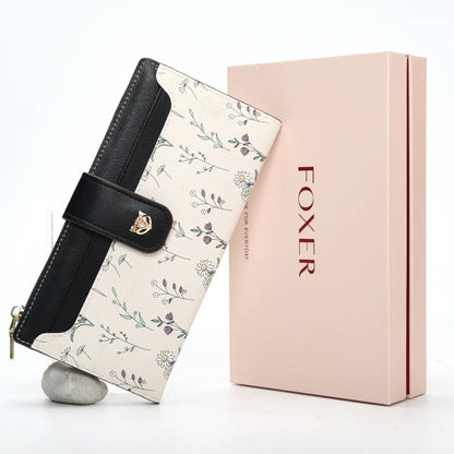 FOXER New Women's Long Wallet Fashion Multi-card Clutch Slot Card Holder Signature Versatile PU Floral Wallet Zipper Coin Purse