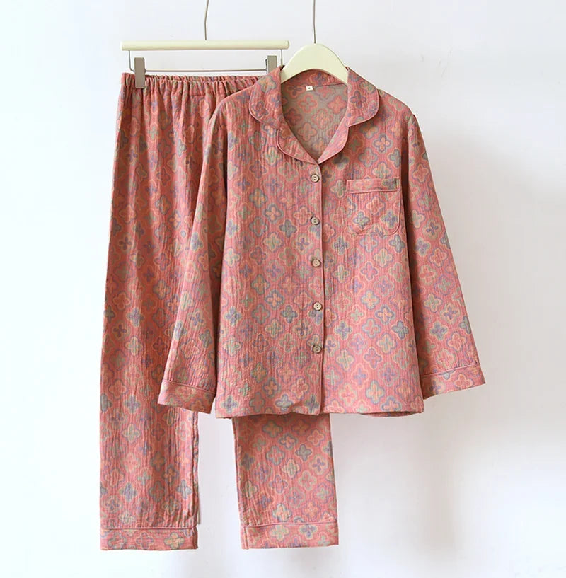 100% Cotton Crepe Homeclothes 2023 Autumn/Winter Women's Pajamas Suit Long-Sleeved Trousers 2-piece Yarn-Dyed Jacquard Pajamas.